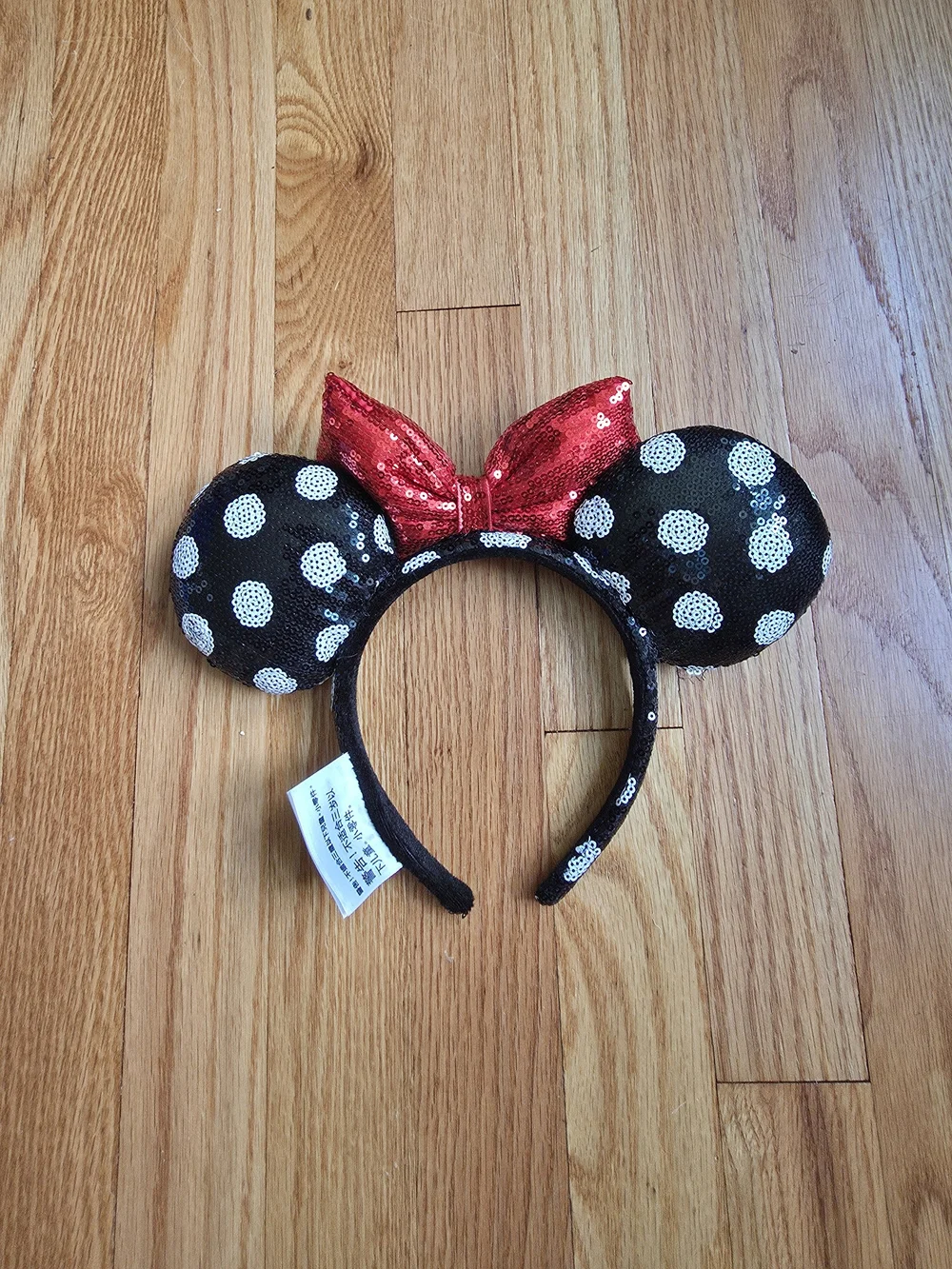 Disney Black Sequin Polka Dot Minnie Ears Headband with Red Bow
